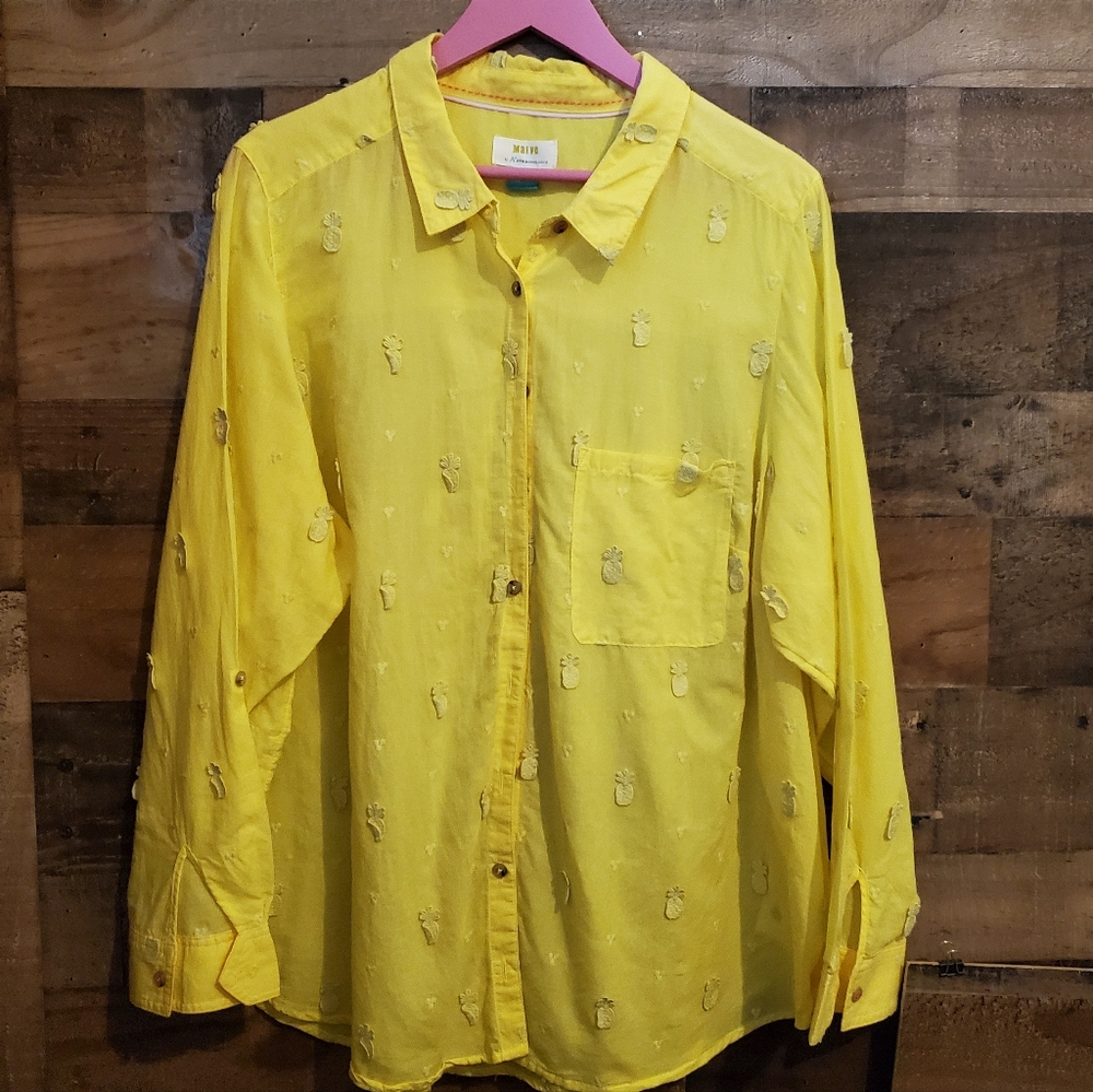 Maeve Yellow Pineapple Embroidered Button Up Shirt Cotton Office Plus Size Sz 22 - Picture 12 of 12
